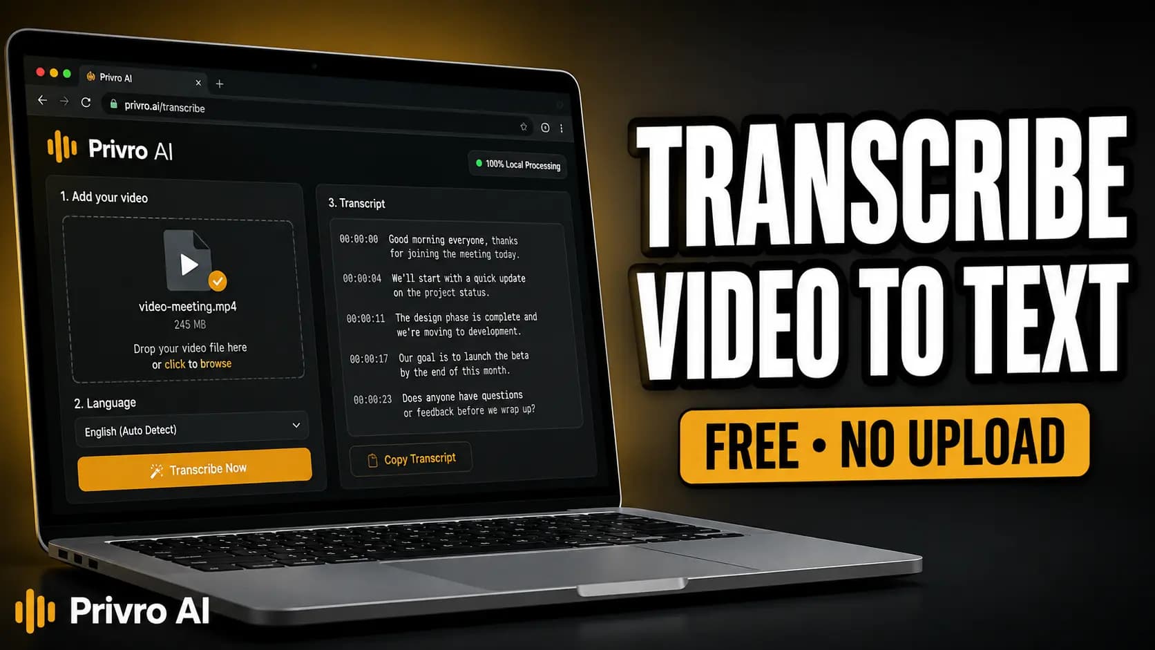 Ordinateur portable avec l'outil de transcription Privro AI
