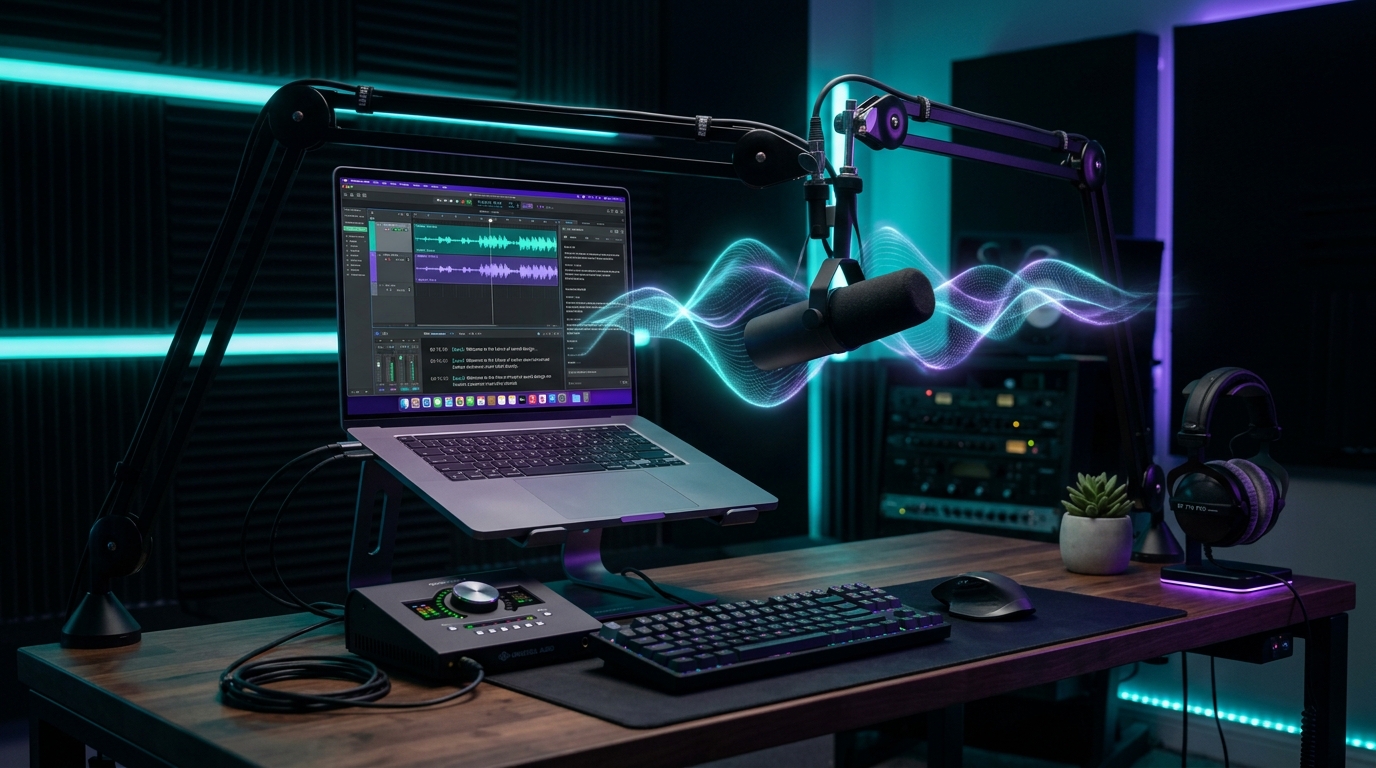 Modern audio transcription workstation with professional studio microphone, acoustic soundwave visualization, and laptop displaying speech-to-text waveforms.