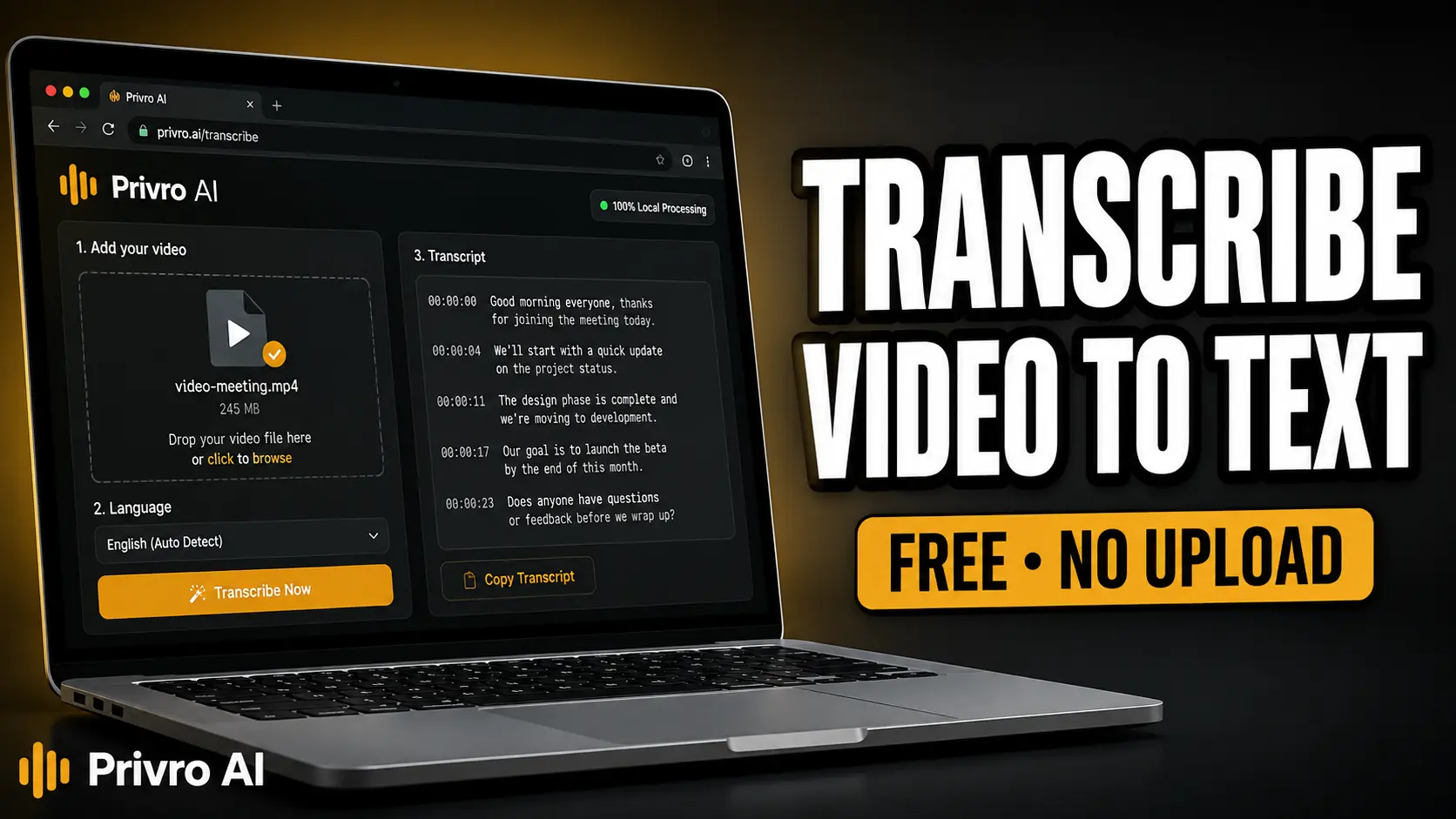 Ordinateur portable avec l'outil de transcription Privro AI
